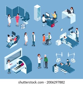 Isometric hospital workers. Doctors, surgeons with medical equipment. Doctor examining patient. Healthcare staff and patients vector set. Ultrasound checkup, mri diagnostic, consultation