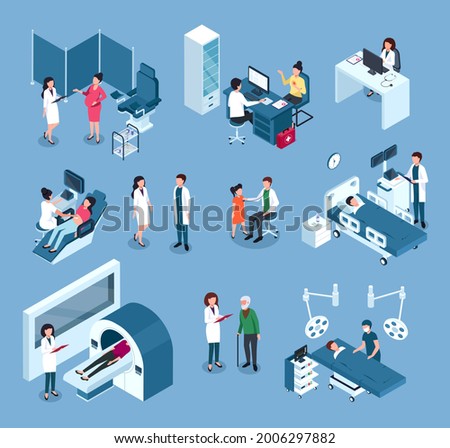 Isometric hospital workers. Doctors, surgeons with medical equipment. Doctor examining patient. Healthcare staff and patients vector set. Ultrasound checkup, mri diagnostic, consultation