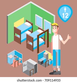 Isometric hostel bed room with man vector illustration