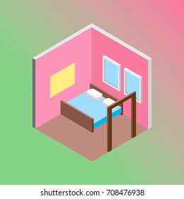Isometric hostel bed room vector illustration