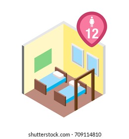 Isometric hostel bed room vector illustration