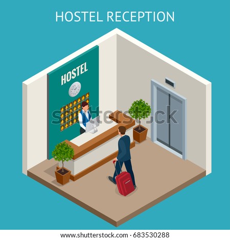 Isometric hostel reception. Youth hostel building facade, backpack, double decker bunk bed, room key Travel and tourism business themed items