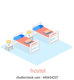 Isometric hostel room. Flat 3D illustration