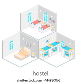 Isometric hostel room.Flat 3D illustration