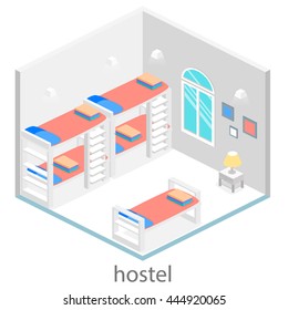 Isometric hostel room.Flat 3D illustration
