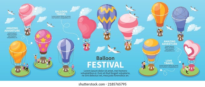 Isometric hot air balloon festival and travel infographics vector illustration