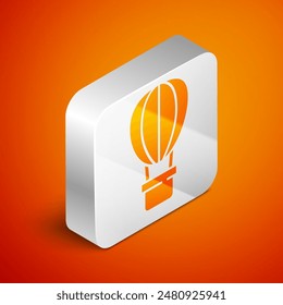 Isometric Hot air balloon icon isolated on orange background. Air transport for travel. Silver square button. Vector