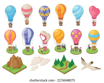 Isometric hot air balloon travel icons set isolated vector illustration