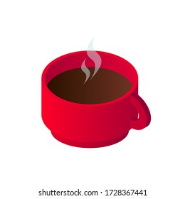 Isometric hot black coffee cup icon. 3d model americano in red cup isolated on white background. Vector illustration