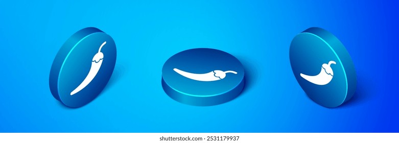 Isometric Hot chili pepper pod icon isolated on blue background. Design for grocery, culinary products, seasoning and spice package, cooking book. Blue circle button. Vector