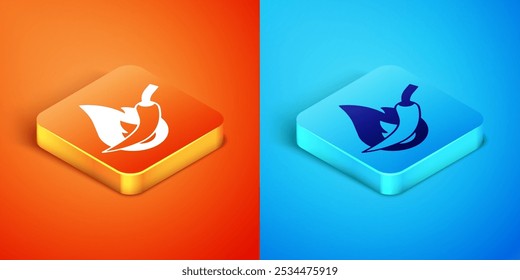 Isometric Hot chili pepper pod icon isolated on orange and blue background. Design for grocery, culinary products, seasoning and spice package, cooking book.  Vector