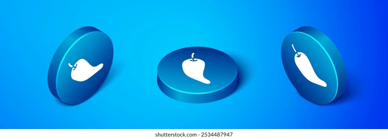 Isometric Hot chili pepper pod icon isolated on blue background. Design for grocery, culinary products, seasoning and spice package, cooking book. Blue circle button. Vector