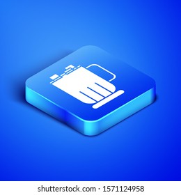 Isometric Hot chocolate cup with marshmallows icon isolated on blue background. Merry Christmas and Happy New Year. Blue square button. Vector Illustration
