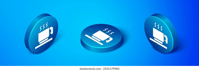 Isometric Hot chocolate cup with marshmallows icon isolated on blue background. Merry Christmas and Happy New Year. Blue circle button. Vector