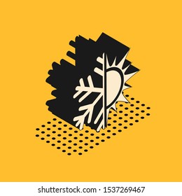 Isometric Hot and cold symbol. Sun and snowflake icon isolated on yellow background. Winter and summer symbol.  Vector Illustration