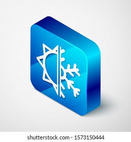 Isometric Hot and cold symbol. Sun and snowflake icon isolated on white background. Winter and summer symbol. Blue square button. Vector Illustration