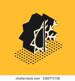 Isometric Hot and cold symbol. Sun and snowflake icon isolated on yellow background. Winter and summer symbol.  Vector Illustration