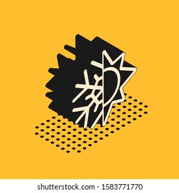 Isometric Hot and cold symbol. Sun and snowflake icon isolated on yellow background. Winter and summer symbol.  Vector Illustration