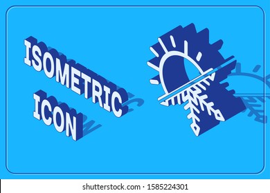 Isometric Hot and cold symbol. Sun and snowflake icon isolated on blue background. Winter and summer symbol.  Vector Illustration