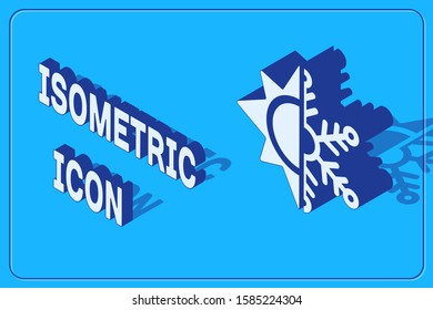 Isometric Hot and cold symbol. Sun and snowflake icon isolated on blue background. Winter and summer symbol.  Vector Illustration
