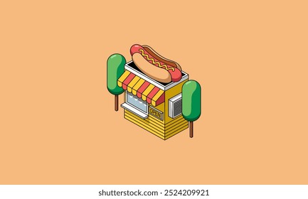 Isometric hot dog stand with trees.