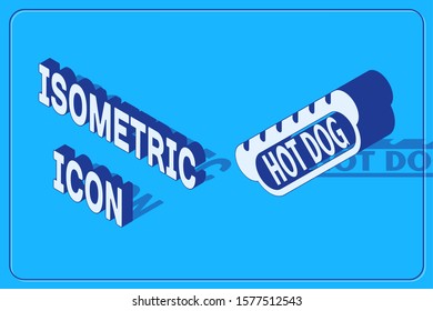 Isometric Hotdog sandwich icon isolated on blue background. Sausage icon. Fast food sign.  Vector Illustration