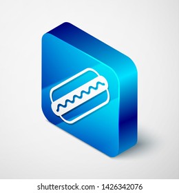 Isometric Hotdog sandwich with mustard icon isolated on white background. Sausage icon. Fast food sign. Blue square button. Vector Illustration
