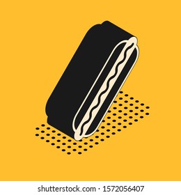 Isometric Hotdog sandwich with mustard icon isolated on yellow background. Sausage icon. Fast food sign.  Vector Illustration