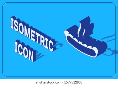 Isometric Hotdog sandwich with mustard icon isolated on blue background. Sausage icon. Fast food sign.  Vector Illustration