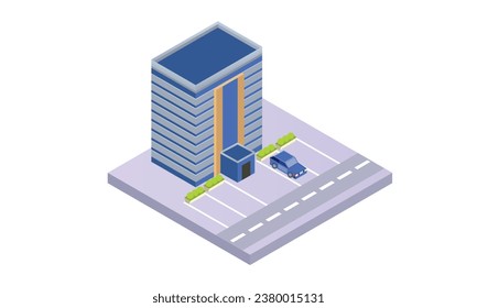 Isometric hotel, apartment, school, or skyscraper building.on white background.3D design.isometric vector design Illustration.