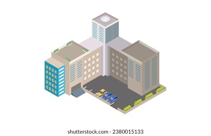 Isometric hotel, apartment, school, or skyscraper building.on white background.3D design.isometric vector design Illustration.