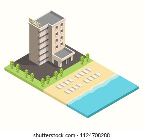 Isometric hotel building with beach low poly illustration