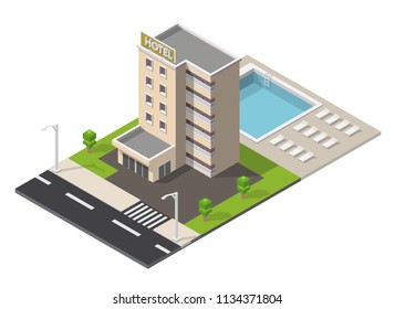 Isometric hotel building with pool low poly illustration