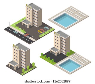 Isometric hotel building with pool low poly illustration
