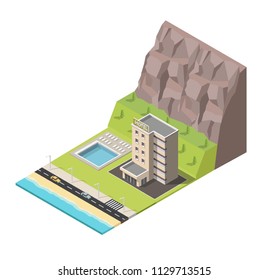 Isometric hotel building with pool and rock low poly illustration