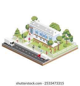 Isometric hotel in classical style with columns. Small hotel building facade. Vector illustration. Online hotel booking. White fence with trees and benches. People walking around.