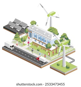 Hotel isométrico em estilo clássico com colunas. Painéis solares e turbinas eólicas. Fachada de edifício de hotel pequeno. Ilustração vetorial. Árvores e bancos. Conservação ecológica. Energia sustentável.