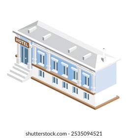Isometric hotel in classical style with columns. Small hotel building facade. Vector illustration.