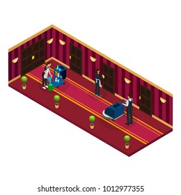 Isometric hotel cleaning service concept with maids professional equipment and worker with vacuum cleaner isolated vector illustration