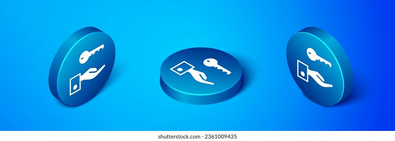 Isometric Hotel door lock key icon isolated on blue background. Blue circle button. Vector