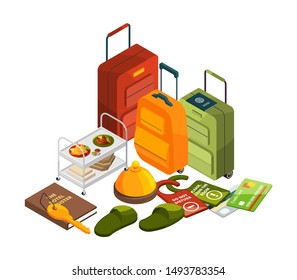 Isometric hotel elements. Vector all inclusive concept. Travel, tourism industry illustration