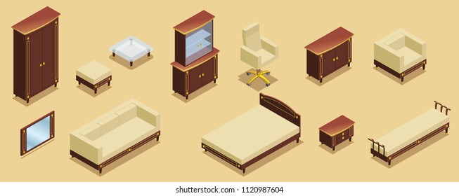 Isometric hotel furniture elements set with cabinet sofa bed tables chairs nightstand commode armchair mirror isolated vector illustration