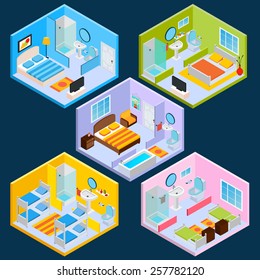 Isometric hotel interior set with 3d furniture and decoration icons isolated vector illustration