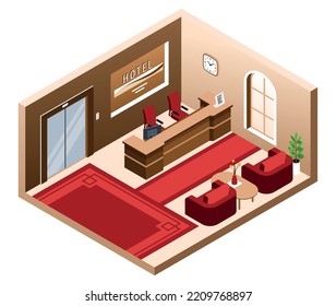 Isometric hotel lobby isolated composition with interior view of reception desk with couches and red carpet vector illustration