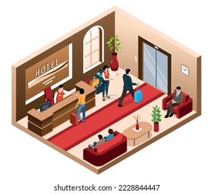 Isometric hotel lobby isolated composition with view of waiting hall with reception desk and human characters vector illustration