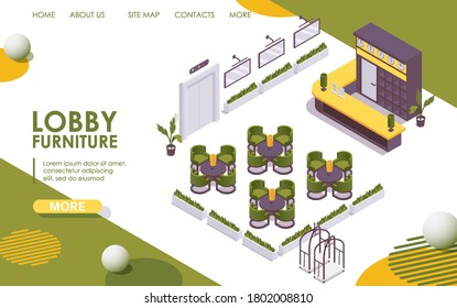 Isometric hotel lobby landing page.  3d interior elevator and tables with desk and cart for luggage. Vector illustration concept.