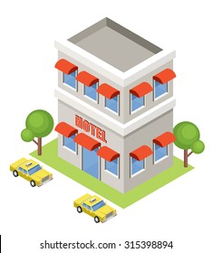 Isometric hotel on a white background. Vector illustration