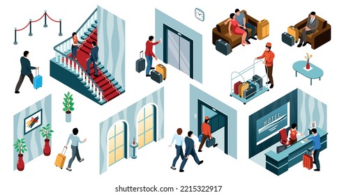 Isometric hotel people color set with isolated icons of interior elements passages guests and hotel workers vector illustration