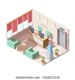 Isometric hotel reception hall interior, company office with armchairs and coffee table, water cooler, computer monitors on receptionist desk different time zones clocks on wall 3d vector illustration