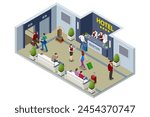 Isometric Hotel Reception Interior. Reception Desk. Man Receptionist Character Standing. People booking hotel and search reservation for holiday.